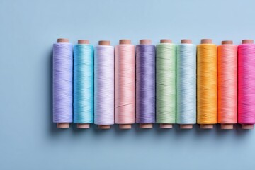 Colorful spools of thread neatly arranged on a blue background.