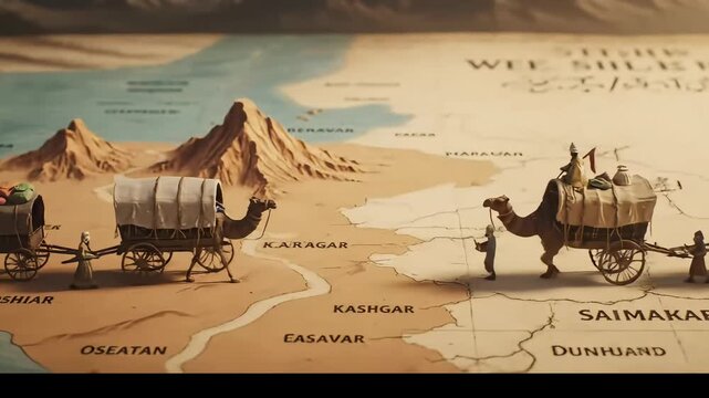 The Silk Road trade route animated with caravans