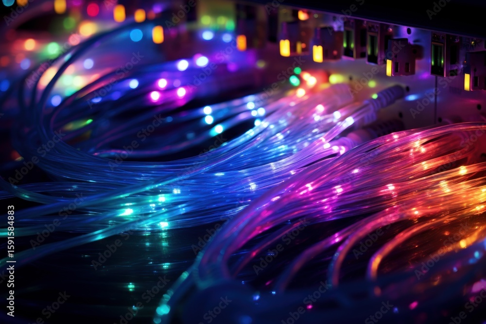 Poster fiber optic cables transmitting data with glowing multicolored lights, illuminating network infrastr