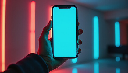 Hand holding a smartphone with a blank screen in front of neon lights creating a futuristic ambiance
