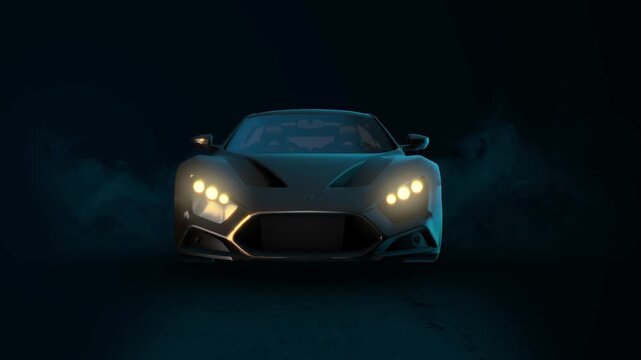 3D animation of black supercar in cinematic lighting with fog. Automotive background for advertising. Video 4K