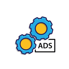 Marketing icon. Automated ads. Two gears with AdSense. Branding, strategy, digital. mixed design style.