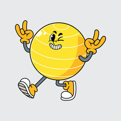 Happy cartoon yellow Gym Ball character winking, walking, and throwing rock hand gestures illustration