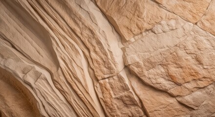 Close up of a textured rock face with layers and cracks in shades of beige and brown