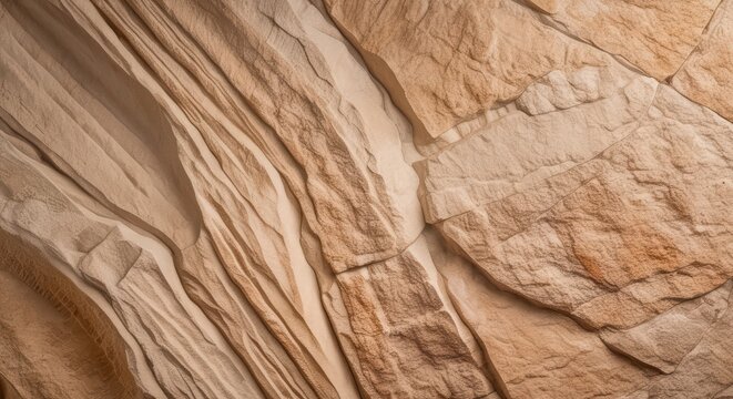 Close up of a textured rock face with layers and cracks in shades of beige and brown