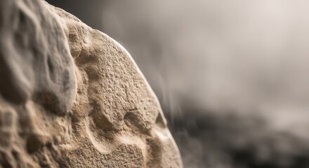 Close up shot of a textured rock formation against a blurred gray background view