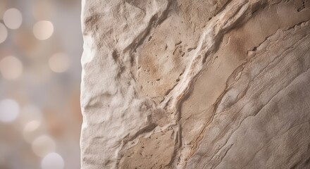 A close up of a textured stone surface with bokeh lights in the background