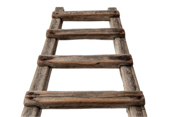 A weathered wooden ladder, viewed from a low angle, against a black background, showing its age and rustic character through the wood's texture and color variations