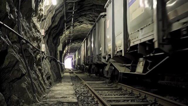 Illuminated Mine Tunnel with Gray Train on Dark Tracks Leading to Distant Light