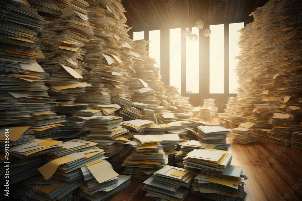 Poster stacks of documents and files create a chaotic scene in a sunlit office, illustrating administrative