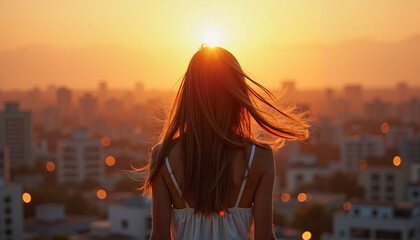 Silhouette of a young woman with flowing hair enjoying a sunset view over the city skyline