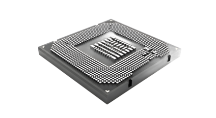 Modern Computer Processor Chip with Array of Small Pins on Transparent Background