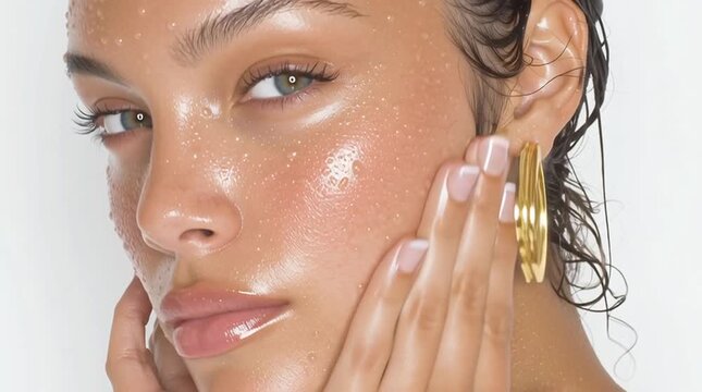 a fitness model in vibrant sportswear gently applies serum on her cheekbones under cool-down fans, light bounces off sweaty shoulders, handheld movement with slight motion shake Sweat Glow Skincare Ro