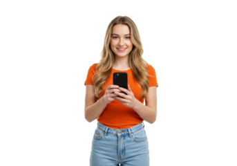 Young caucasian woman, late teens, long wavy blonde hair, vibrant orange t-shirt, light blue jeans, holding a black smartphone, smiling at camera on transparent studio background with copy space.