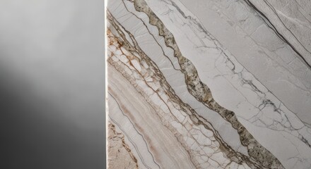 A close up view of a marble surface with gray and brown veining and gray background