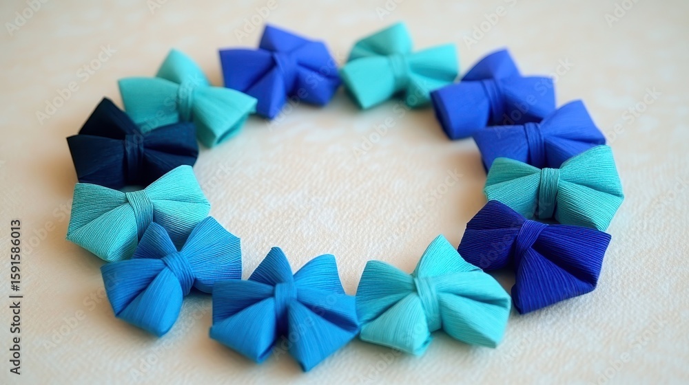 Poster assorted blue bows arranged in circular pattern on cream surface