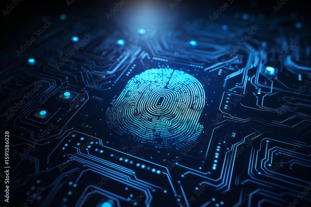 Poster futuristic circuit board with glowing fingerprint, representing cybersecurity and biometric authenti