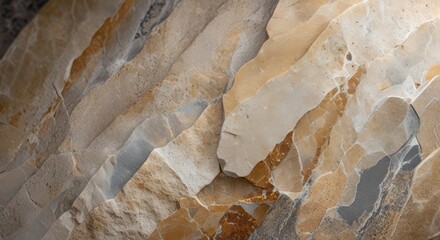 A close up view of layered rock formations with beige and brown color patterns