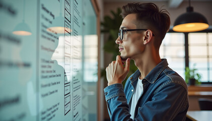 Thoughtful young man in glasses analyzing information on a glass wall at a modern workspace