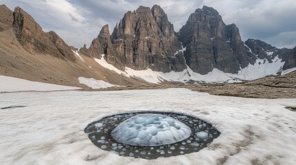 Surreal Ice Formation in Snowy Landscape with Dramatic Mountain Range
