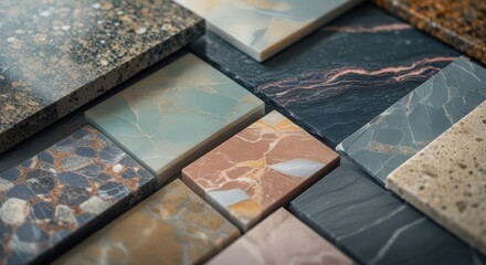 An assortment of marble and granite tiles arranged in a close up presentation