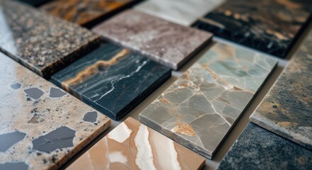 A variety of marble and granite stone samples arranged in a grid pattern display