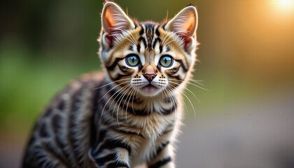 Adorable Bengal kitten with bright blue eyes exploring its surroundings in soft natural light