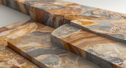 Close up of stacked marble slabs with brown and gray veining pattern design look