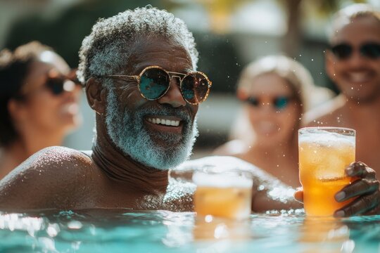 Multi-generational family enjoying drinks and splashing in the backyard pool, celebrating togetherness and the joys of summer in a family-friendly environment, Generative AI - Powered by Adobe