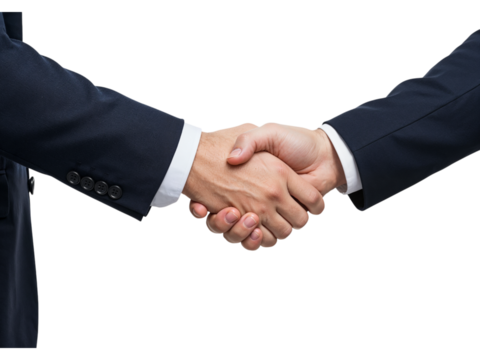 Two businessmen in dark suits shaking hands firmly in a gesture of agreement and partnership isolated on transparent background