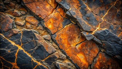 A close up view of cracked rocks with orange veins running through the dark stone