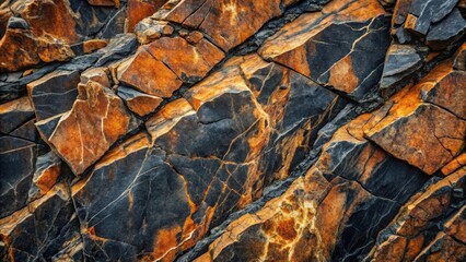 A close up view of a rock formation with orange and black colored rock layers