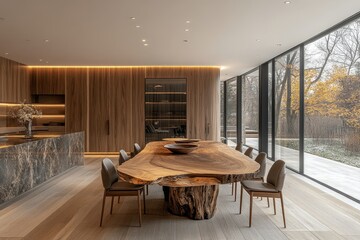 Round wooden slab dining table surrounded by chairs, positioned against a barn wood board paneling wall. Japandi interior design for a modern dining room, Generative AI