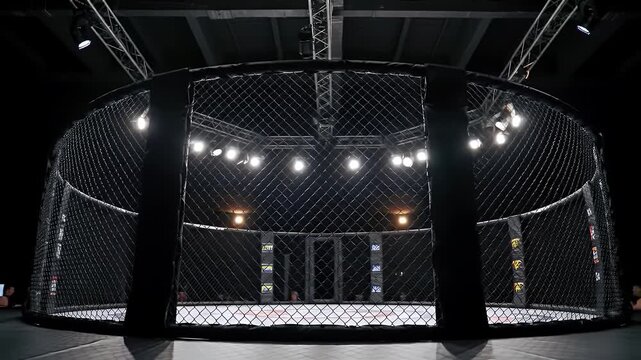 Indoor Mixed Martial Arts Cage under Spotlights with Metal Mesh Structure for Sporting Event