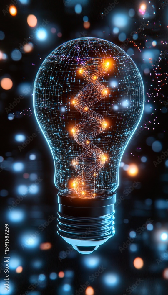 Poster dynamic double exposure of a dna helix inside a lightbulb, symbolizing innovation and science