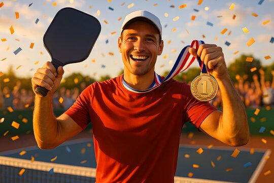 Male Tennis Player Winning Trophy with Medal and Paddle