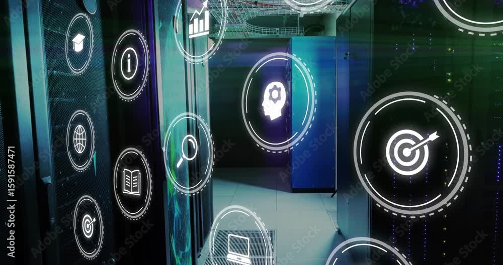 Poster on startup server racks emitting circular icons fading, drifting, clustering to visualize data flow