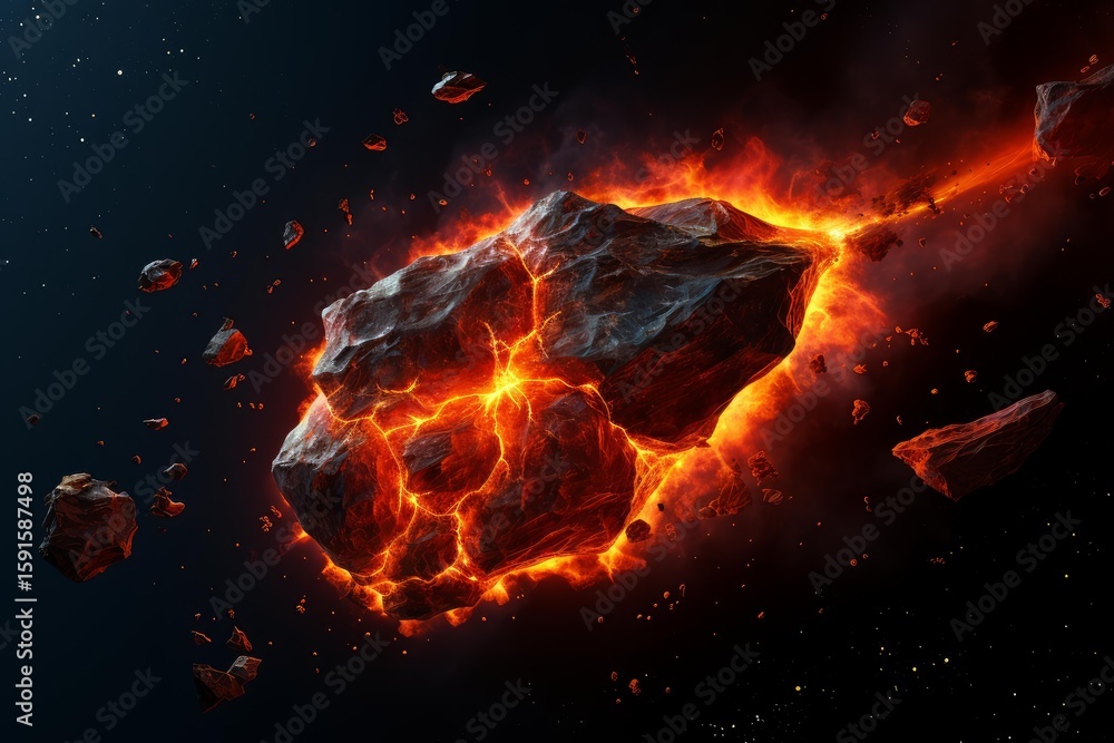 Poster asteroid exploding in the deep space, creating debris and fire