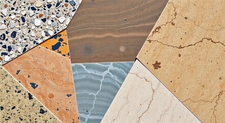 A close up of assorted tile samples arranged in a geometric pattern showcasing texture