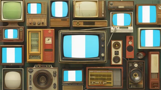 A collection of vintage TVs and radios mounted on a wall