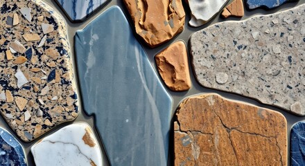 A close up of a mosaic tile pattern featuring various colored stone pieces set in grout