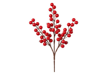 A single artificial branch of vibrant, glossy red berries on brown stems, perfectly mimicking holly, isolated against a transparent background with copy space, shadowless studio lighting, concept for