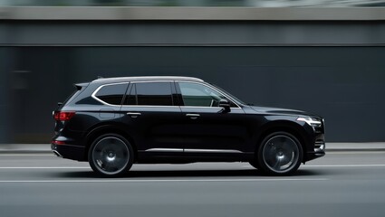 Dark suv moving along a city street.