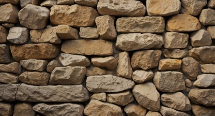 A close up of a stone wall with various sized and shaped rocks in neutral tones