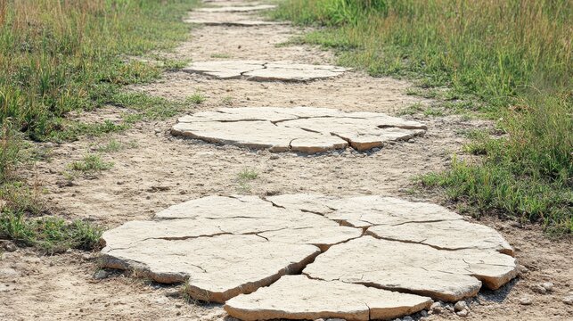 Cracked Pathway Through Dry Grassland Showing Environmental Impact - Powered by Adobe