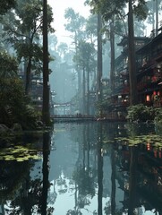 A cyberpunk style city in a quiet primitive forest, dominated by a cluster of Chinese ancient buildings, with a combination of high and low buildings blending seamlessly with towering trees
