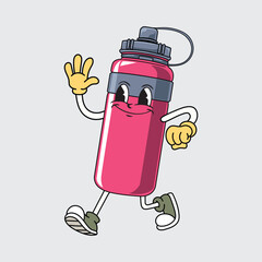 Cute cartoon pink sport bottle character walking cheerfully with gloves, sneakers, and a happy face illustration