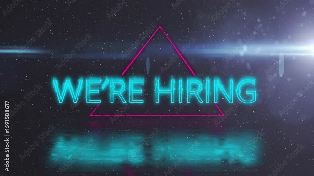 Poster neon cyan fragments drifting in starfield, initiating triangle tracing and merging into hiring text