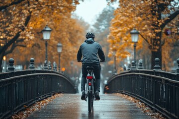 Rear view of a businessman commuting to work on a bicycle, crossing a bridge, promoting a sustainable and eco-friendly lifestyle, Generative AI