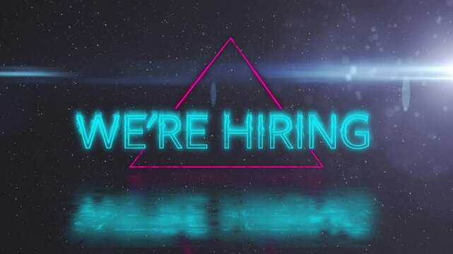 Neon cyan fragments drifting in starfield, initiating triangle tracing and merging into hiring text
